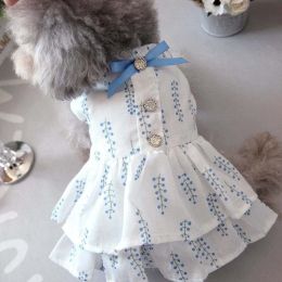 Floral Lace Doggy Skirt (Color: blue bow, size: XS chest 26 back 17 1.5-2 catties)