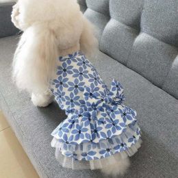 dog clothes small dog princess tutu skirt print (Color: blue only pet maple leaf skirt blue, size: XL)