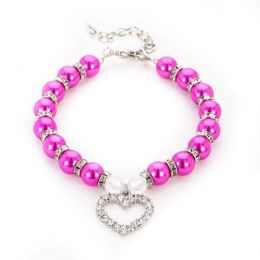 Pet Pearl Heart Pendant Collar (Color: Rose red, size: L)