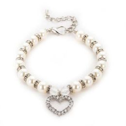 Pet Pearl Heart Pendant Collar (Color: White, size: M)