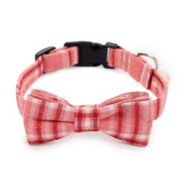 Pet Bow Tie Collar Plaid Soft Adjustable (Color: Pink, size: M)