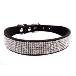 Crystal Dog Collar Solid Color Leather (Color: Black, size: M)