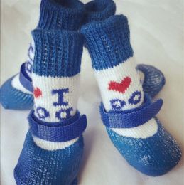 Wholesale 4-Piece Adjustable Waterproof Anti-Slip Dog Socks (Color: Blue heart, size: L)