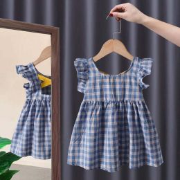 plaid cotton princess dress (Color: 794-blue, size: 80 yards)