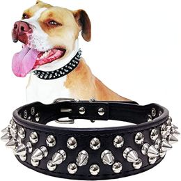 Adjustable Microfiber Leather Spiked Studded Dog Collar with a Squeak Ball Gift for Small Medium Large Pets Like Cats/Pit Bull/Bulldog/Pugs/Husky (Color: Pink, size: L(15"-18.5" / 38cm-47cm))