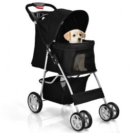 Simple Desight Foldable 4-Wheel Pet Stroller With Storage Basket (Color: Black, Type: Pets)