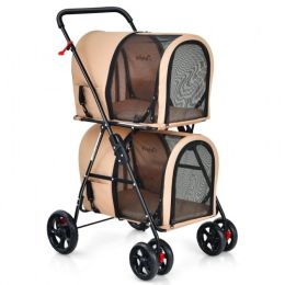 Double Pet Stroller 4-in-1 With Detachable Carrier And Travel Carriage (Color: Beige, Type: Pets)