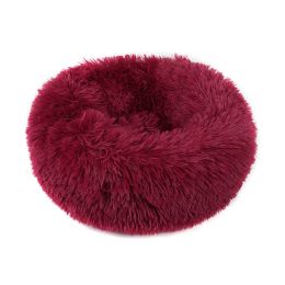 Small Large Pet Dog Puppy Cat Calming Bed Cozy Warm Plush Sleeping Mat Kennel, Round (Color: Wine Red, size: 23in)